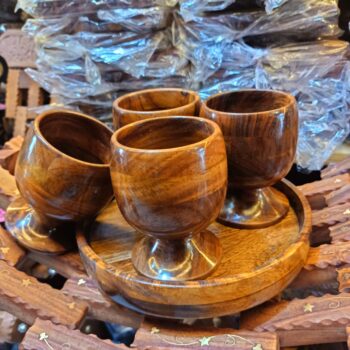 Handmade Wooden Glass Set with Round Serving Tray – 4 Pcs Premium Wooden Drinkware Set