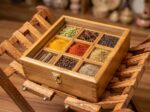 Handmade Wooden Spice Box, Rustic Rosewood Herb Storage with 9 specious compartments and a Spoon
