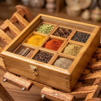 Handmade Wooden Spice Box, Rustic Rosewood Herb Storage with 9 specious compartments and a Spoon