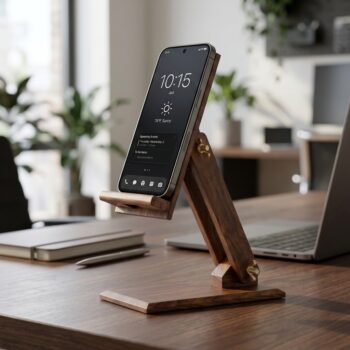 Adjustable wooden mobile phone stand with natural wood finish